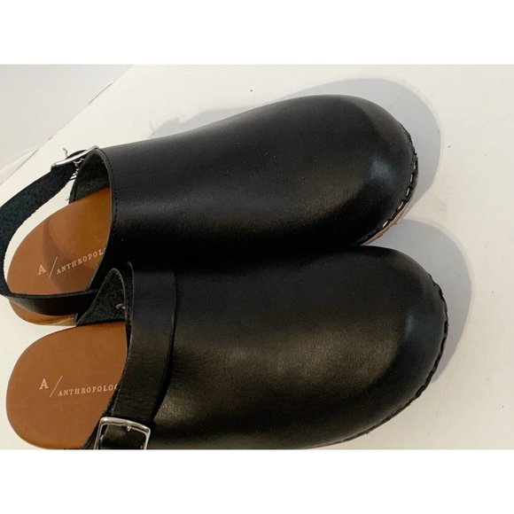 A/Anthropologie Black Leather Wood Heel CLASSIC Stapled Clogs Mules 40 US 8.5 - Picture 3 of 10